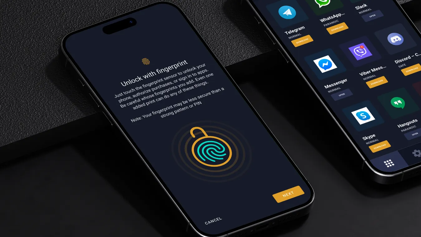 RAW Cyber mobile security app on two phones – fingerprint unlock and protected apps list