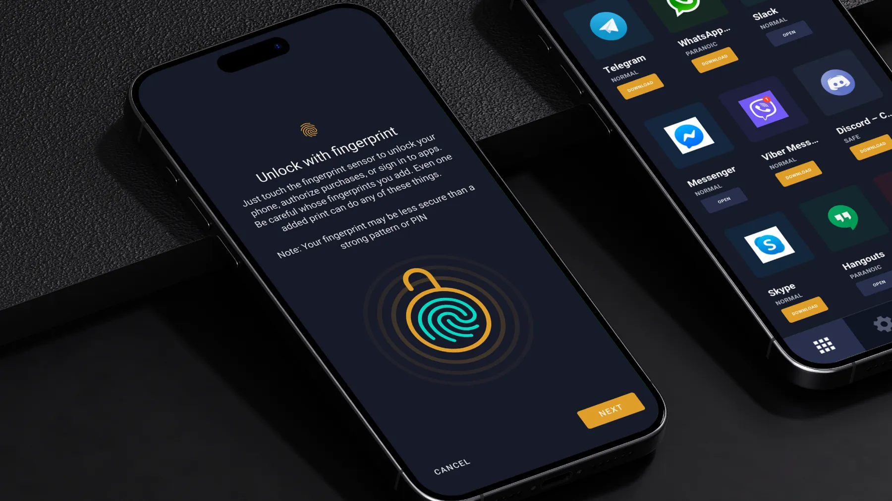 RAW Cyber mobile security app on two phones – fingerprint unlock and protected apps list