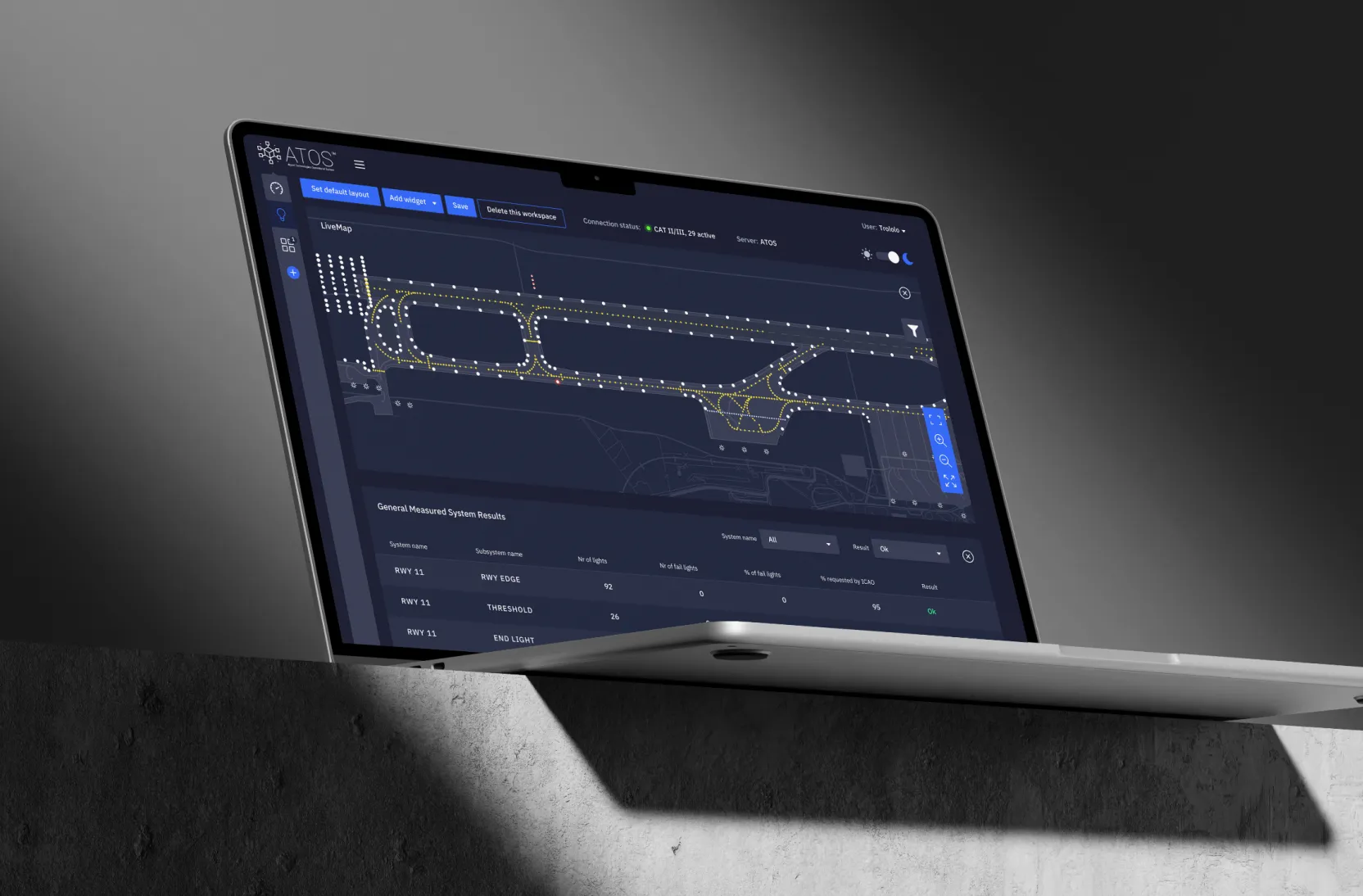 ATOS airfield map with aircraft and vehicle positions on a laptop