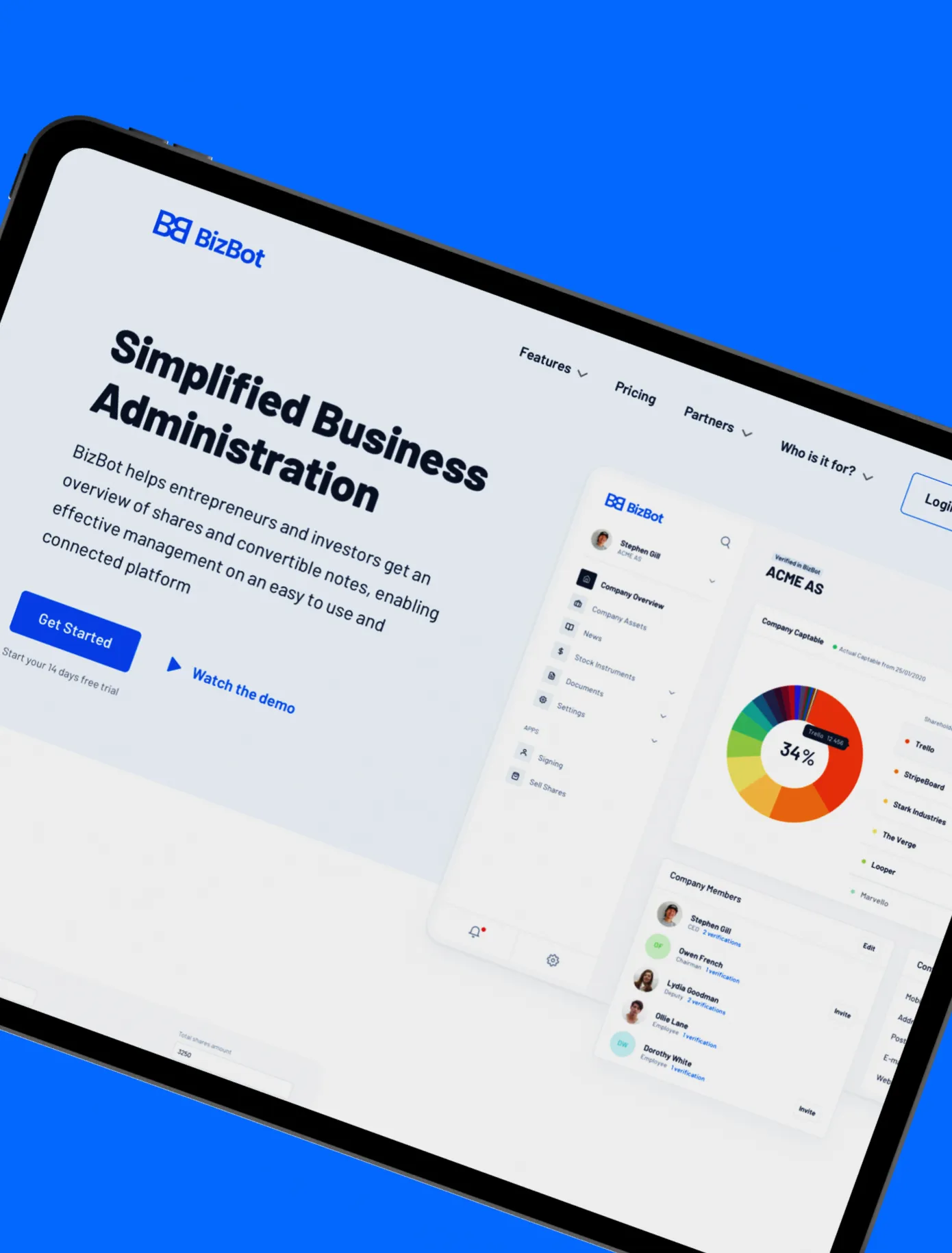 BizBot business administration platform landing page on a tablet