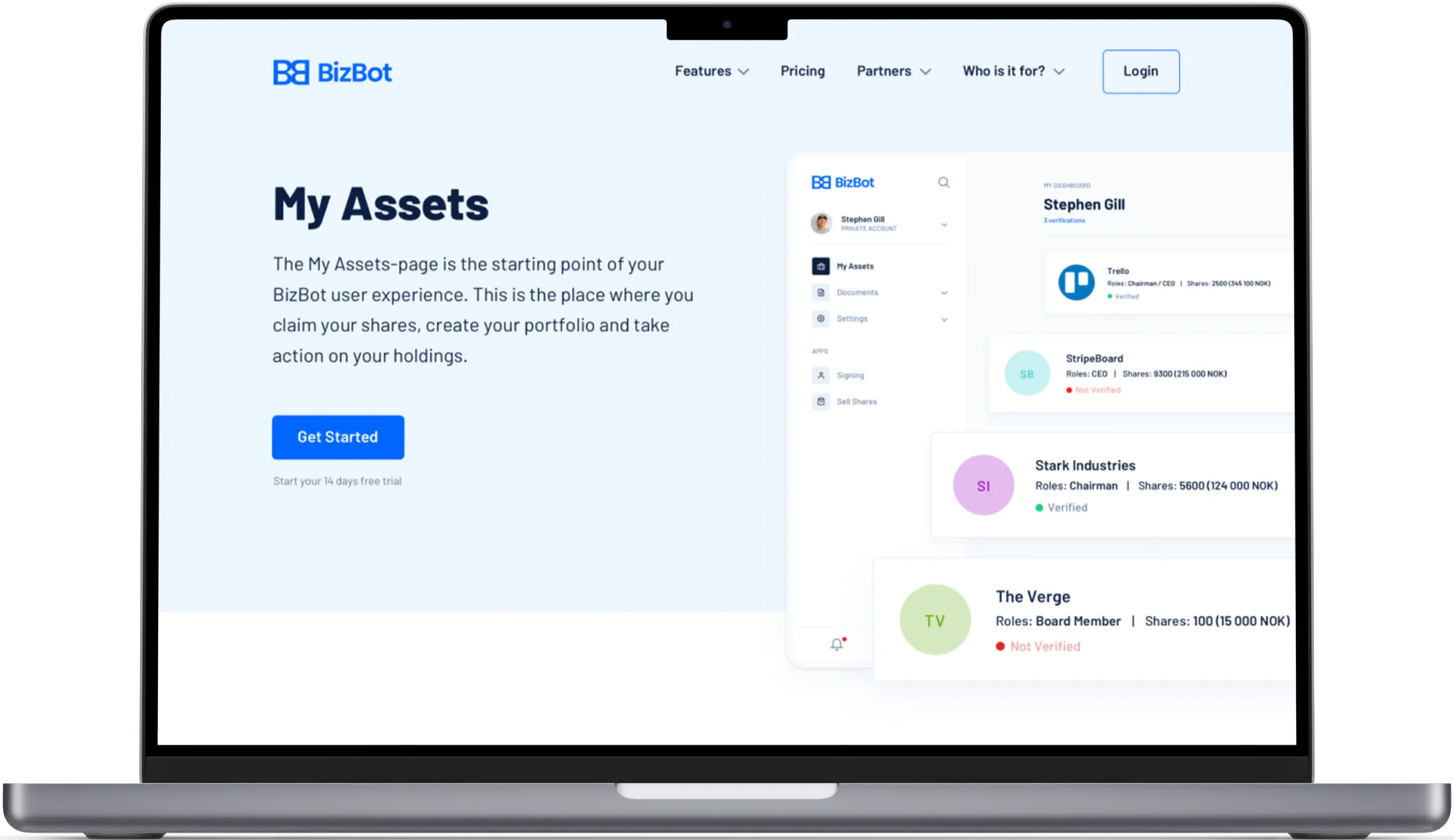 BizBot "My Assets" page on a laptop