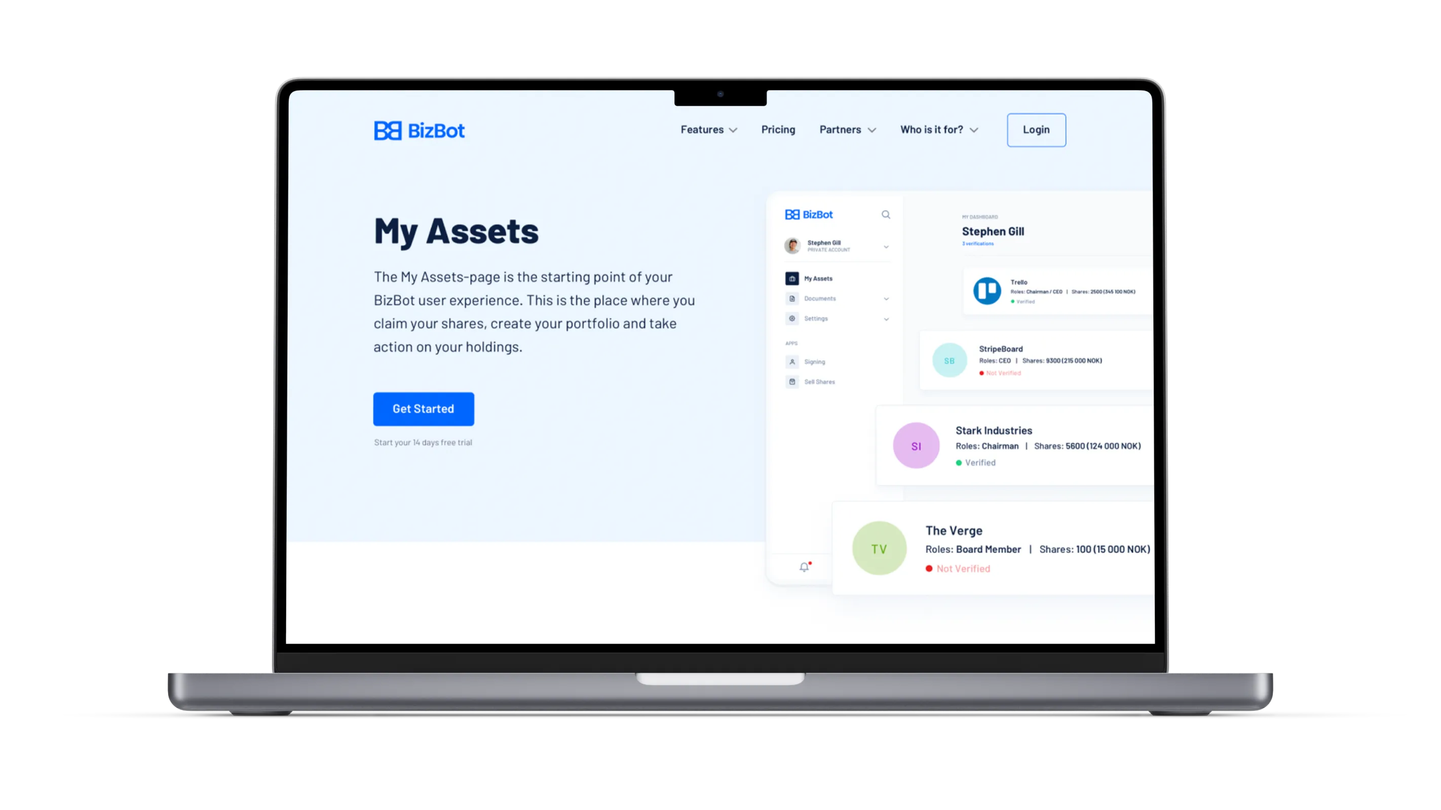 BizBot "My Assets" page on a laptop