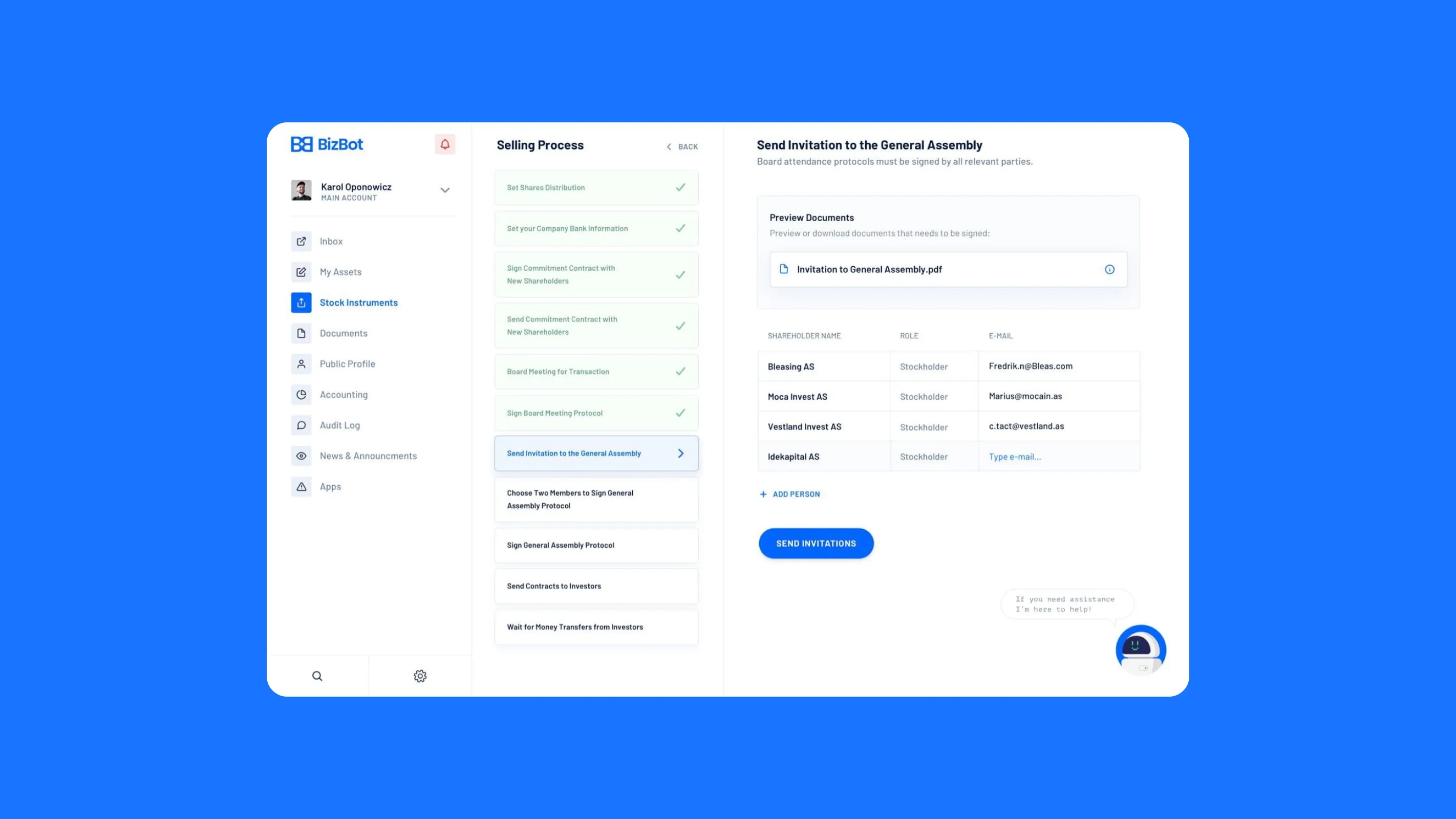 BizBot general assembly invitation flow with document upload and recipient list