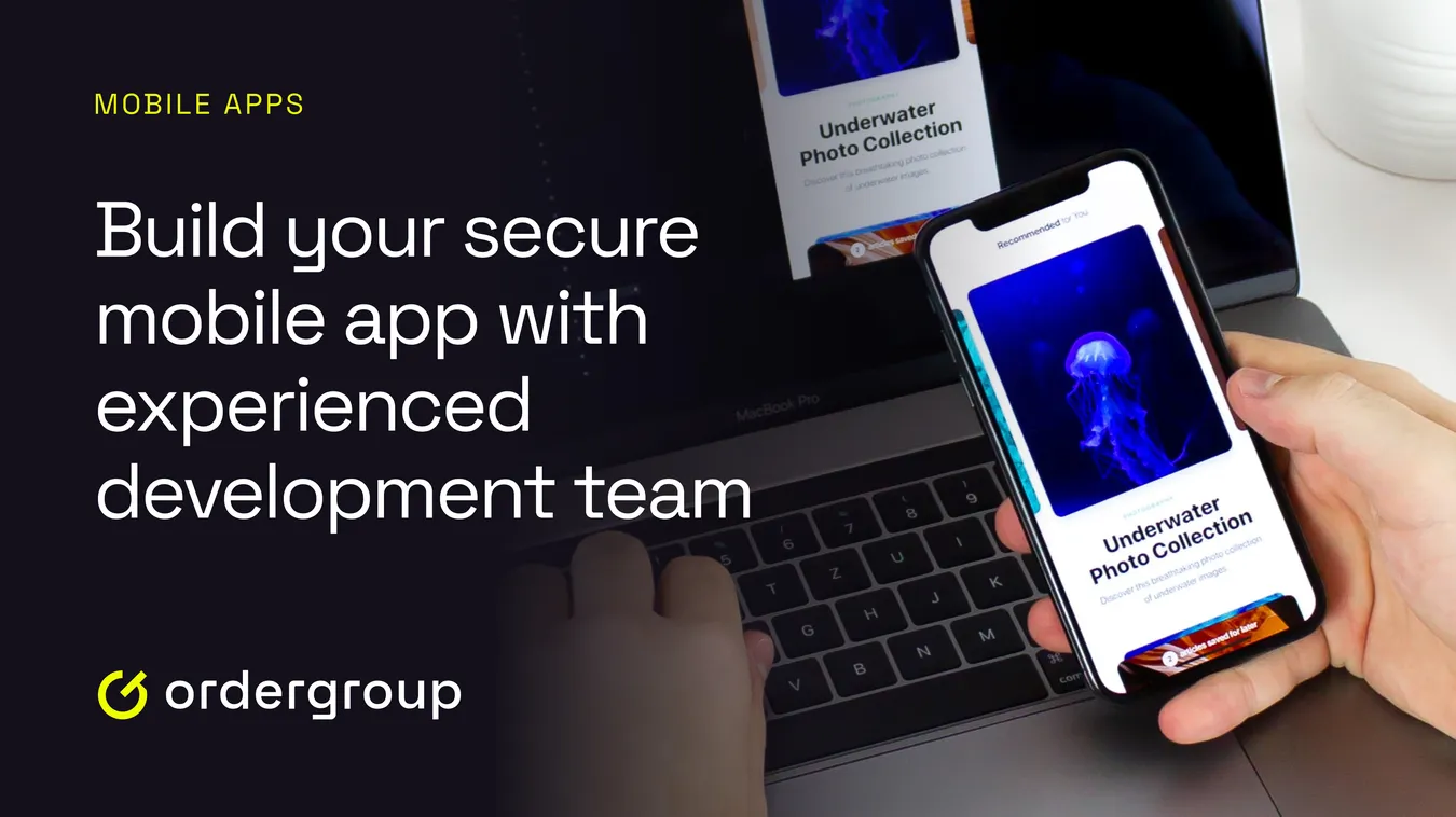 Cover graphic "Build your secure mobile app with experienced development team" with a phone showing an app