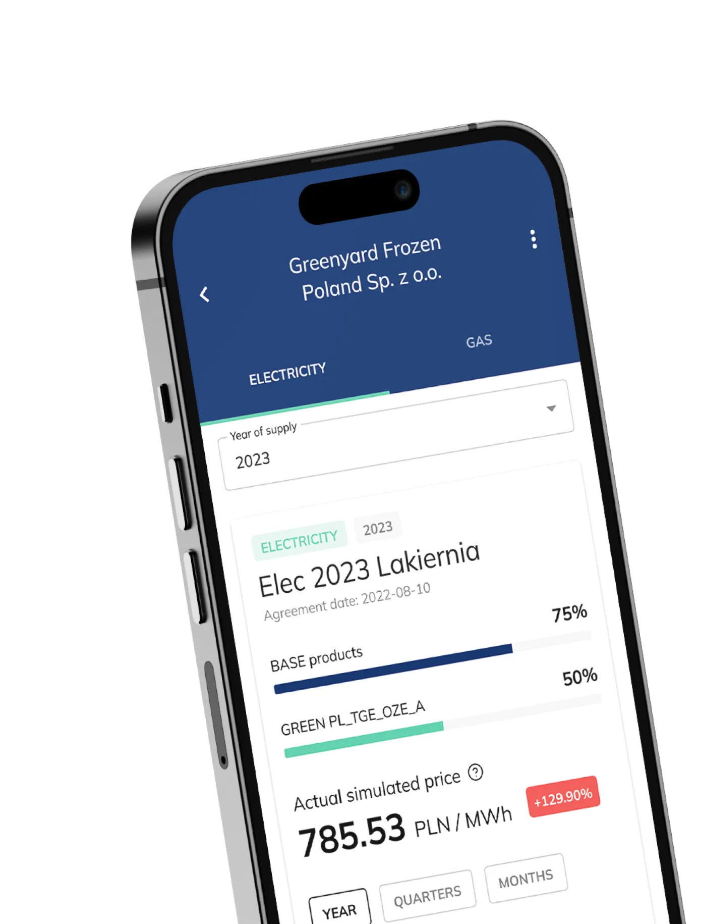 Enerace mobile app showing an electricity contract with price and product shares