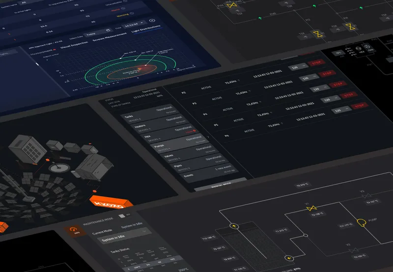 Kyoto Group thermal energy storage platform – dark dashboard screens with site map and data tables