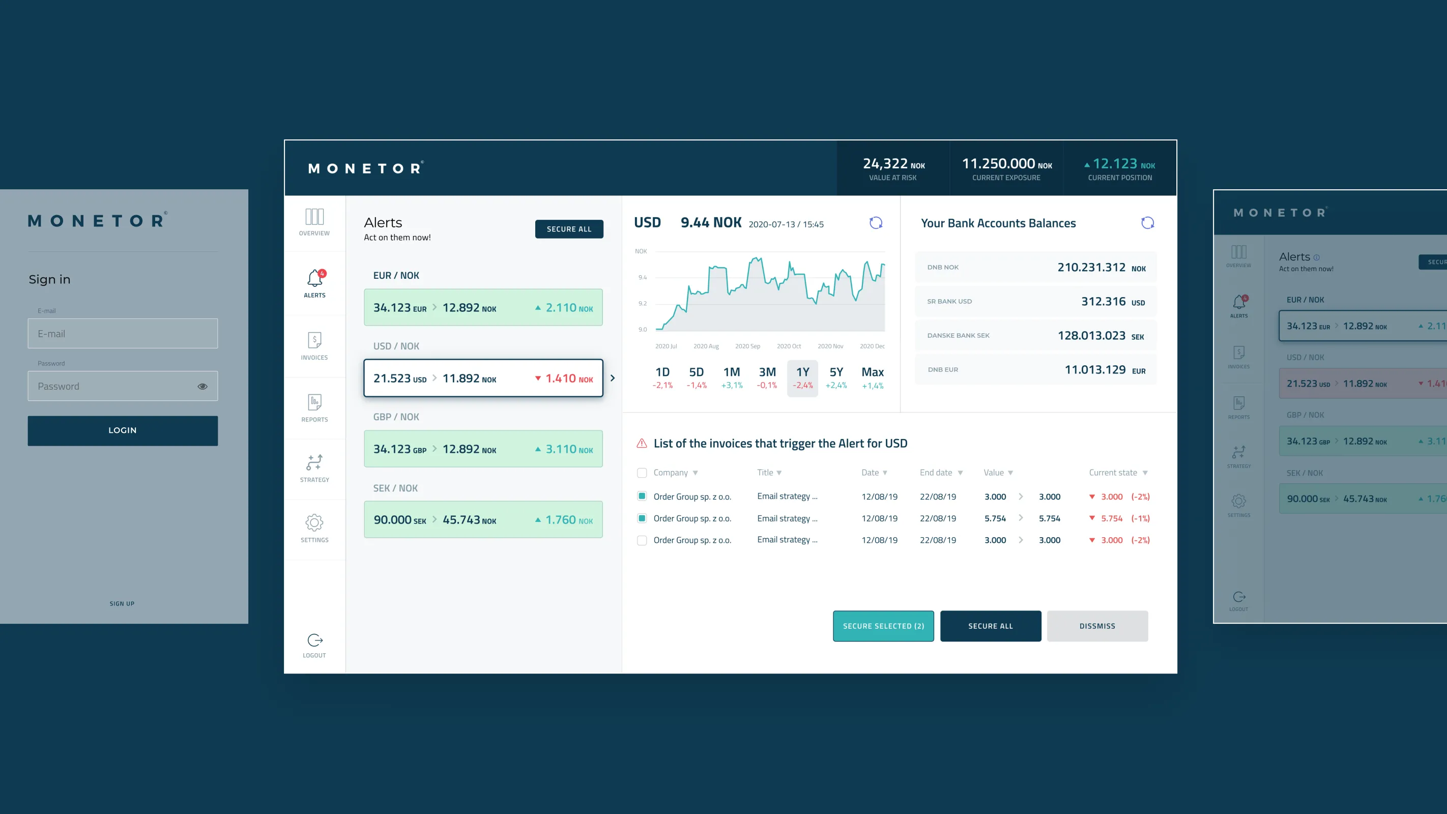 Monetor currency risk dashboard with exposure charts and bank account balances