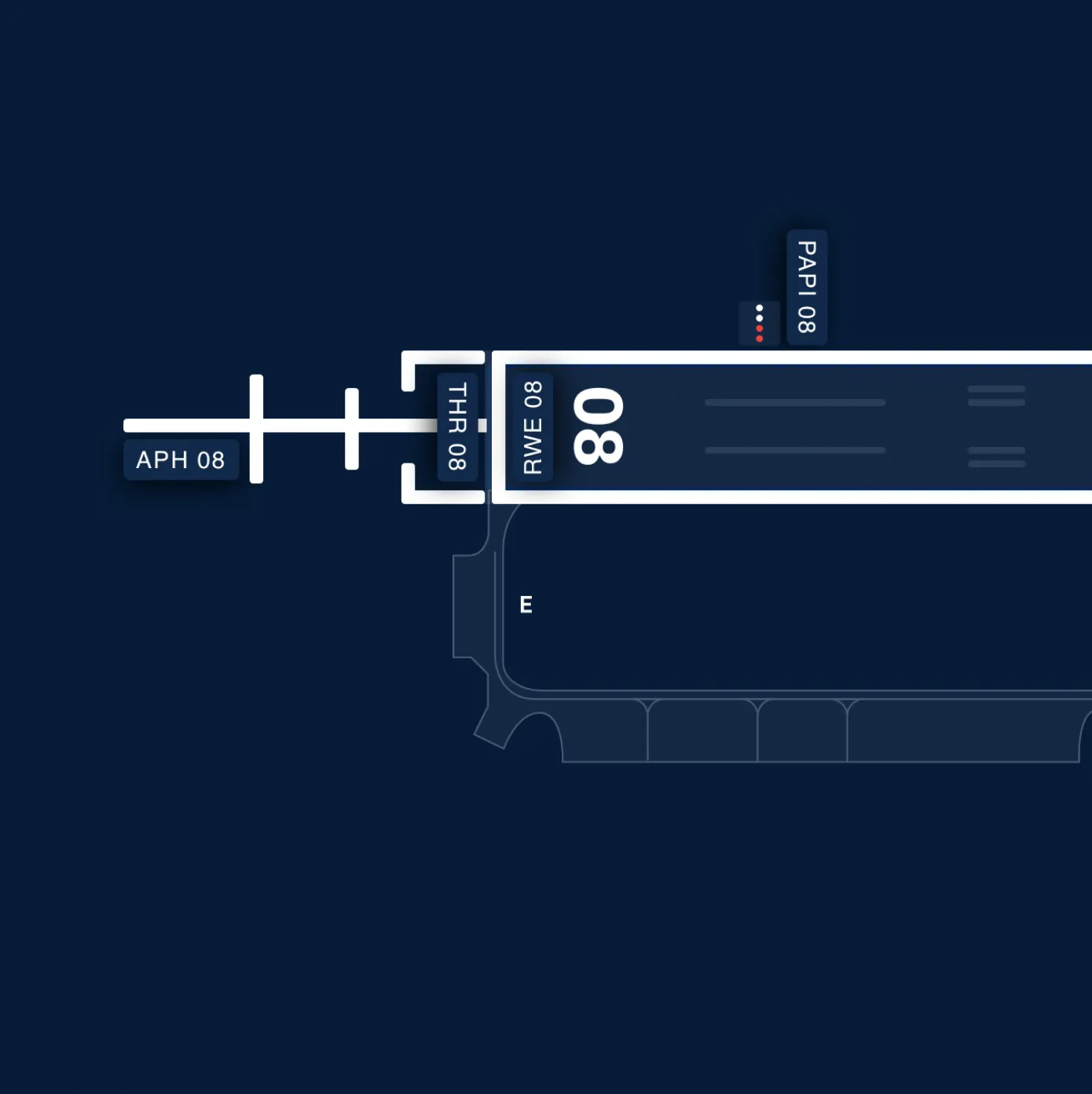 Close-up of a runway map with approach lighting markers in the Monster system