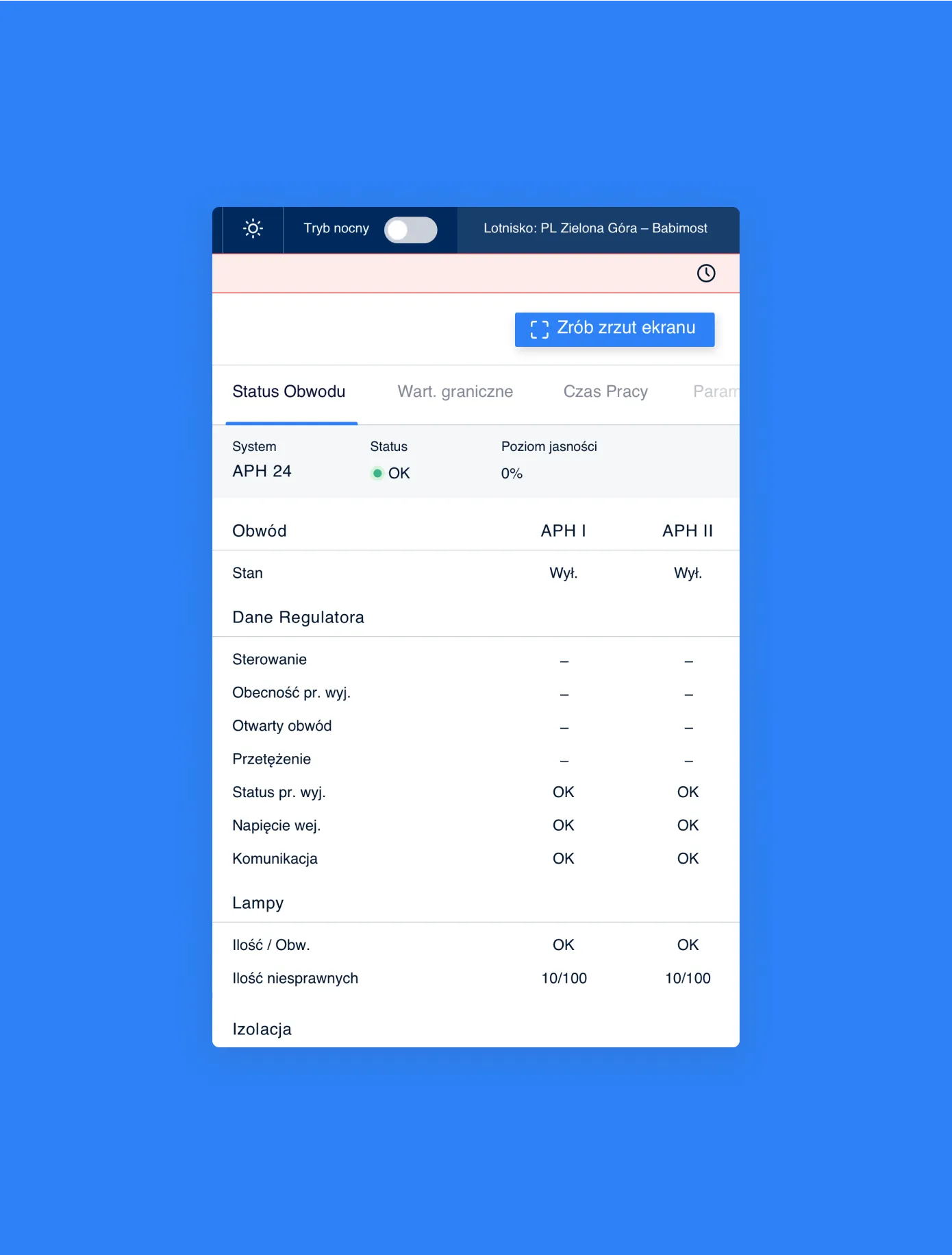Monster system object status panel with regulator parameters