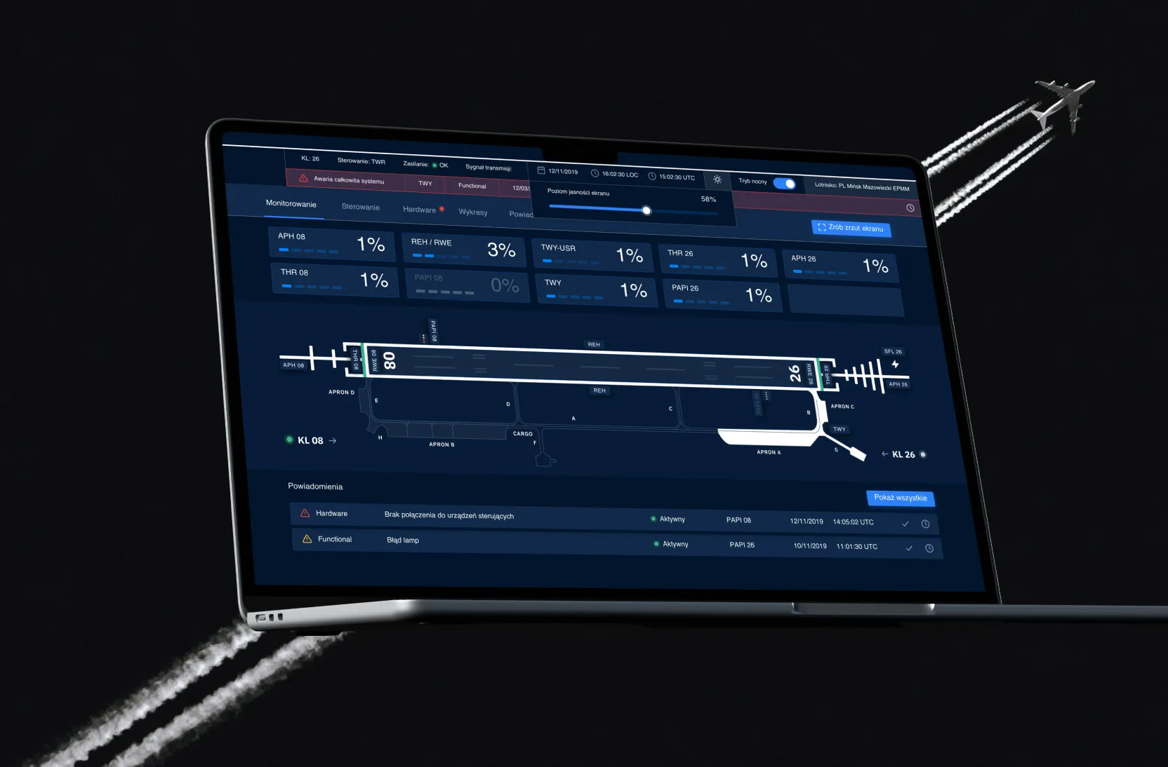 Monster airport lighting dashboard with runway light levels on a laptop