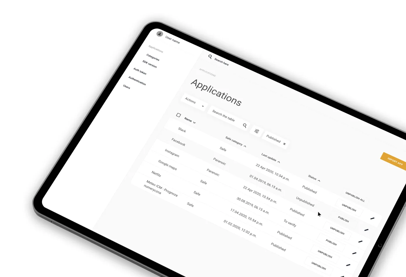 RAW Cyber web panel with a list of applications on a tablet