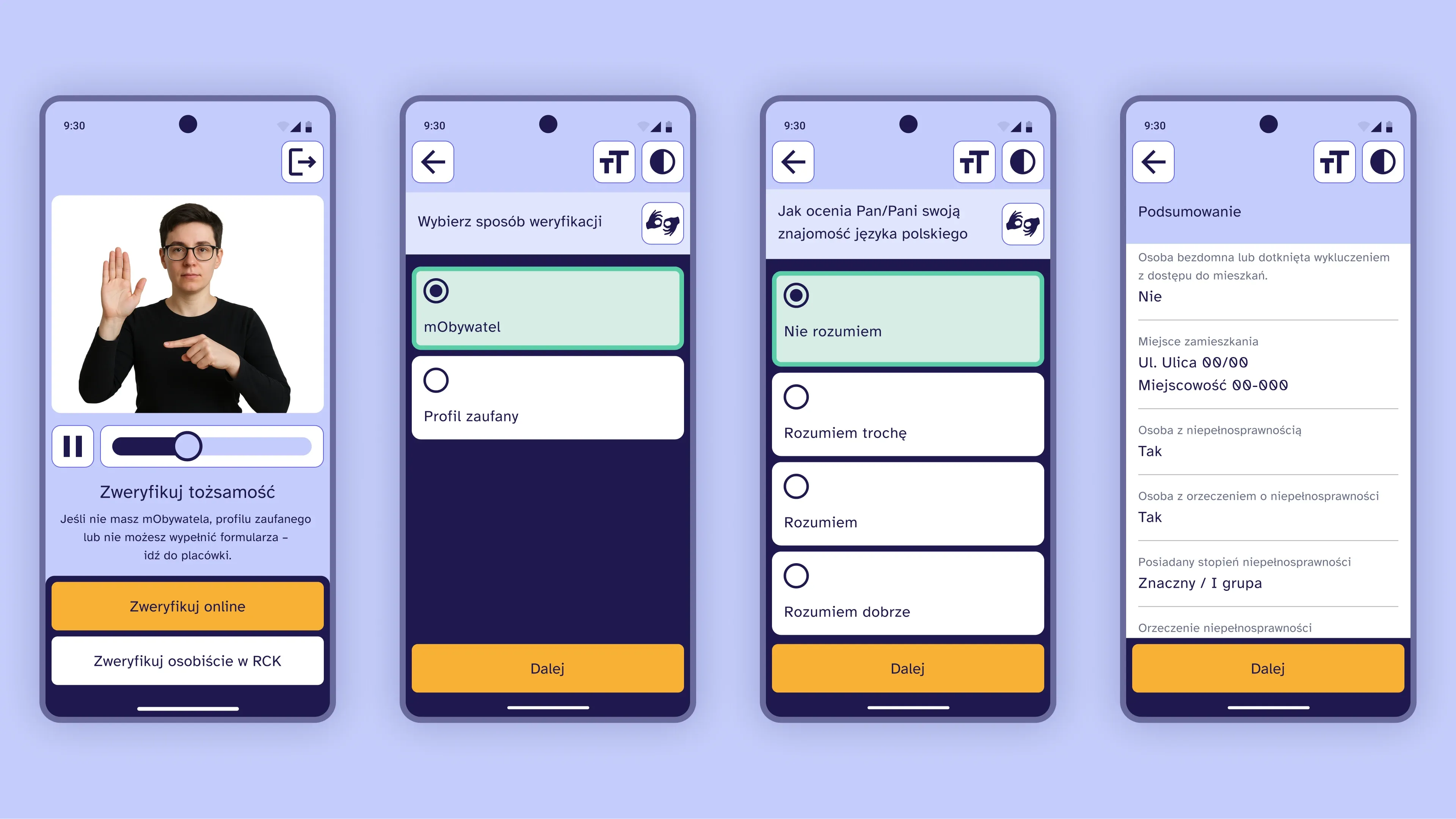 Four mobile screens: a sign language video guide to identity verification, choosing mObywatel or Trusted Profile, rating Polish language skills, and a summary of disability details.