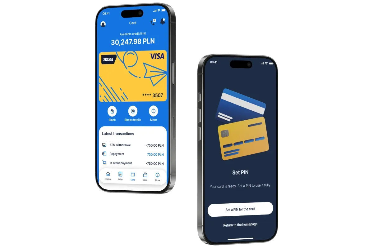 Mobile banking app – virtual card dashboard and PIN setup screen on iPhone