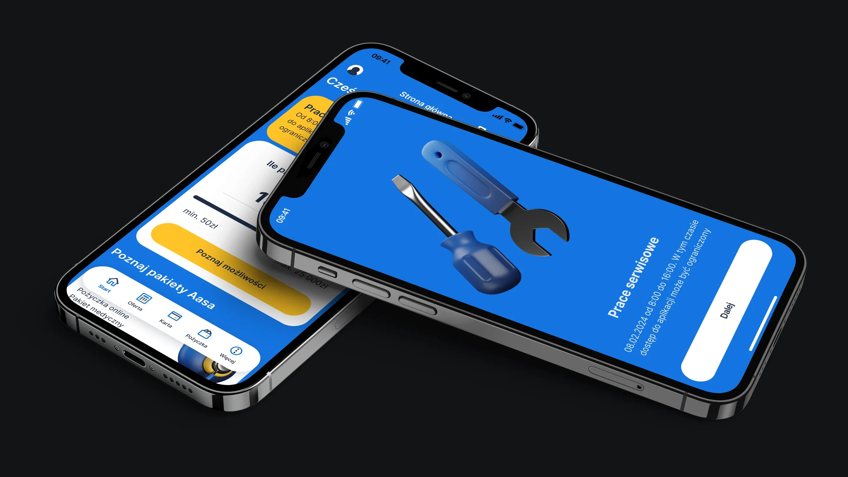 Aasa mobile app – home screen and scheduled maintenance notice on two iPhones