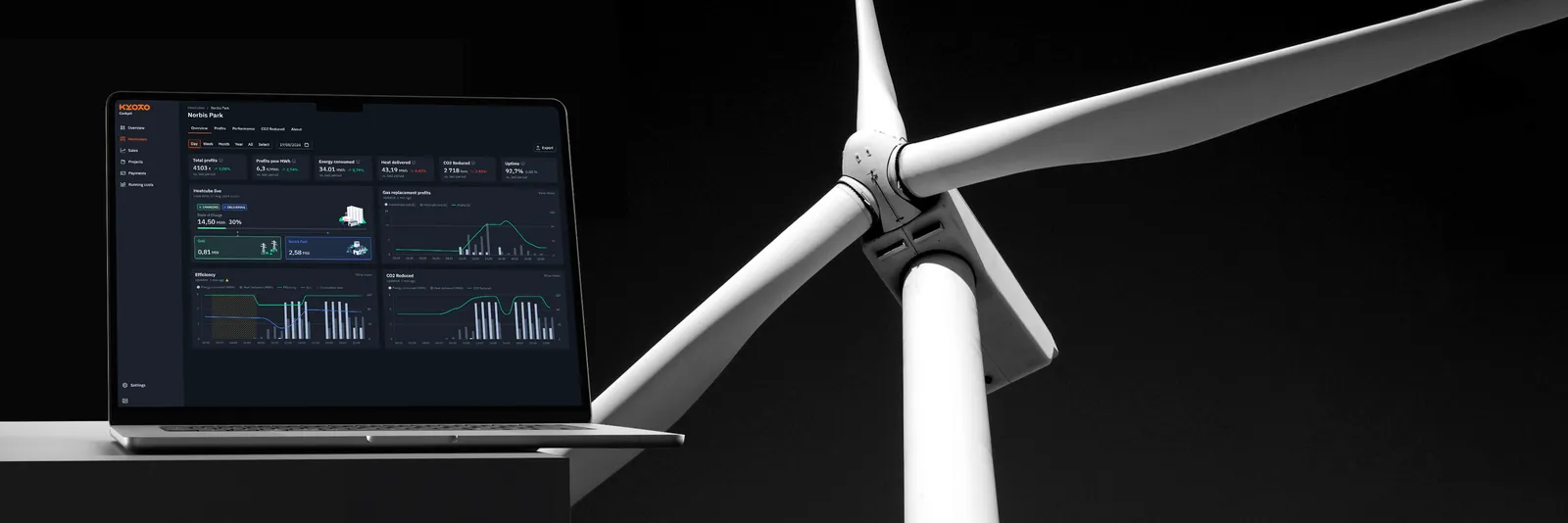 Wind turbine energy management dashboard on laptop screen