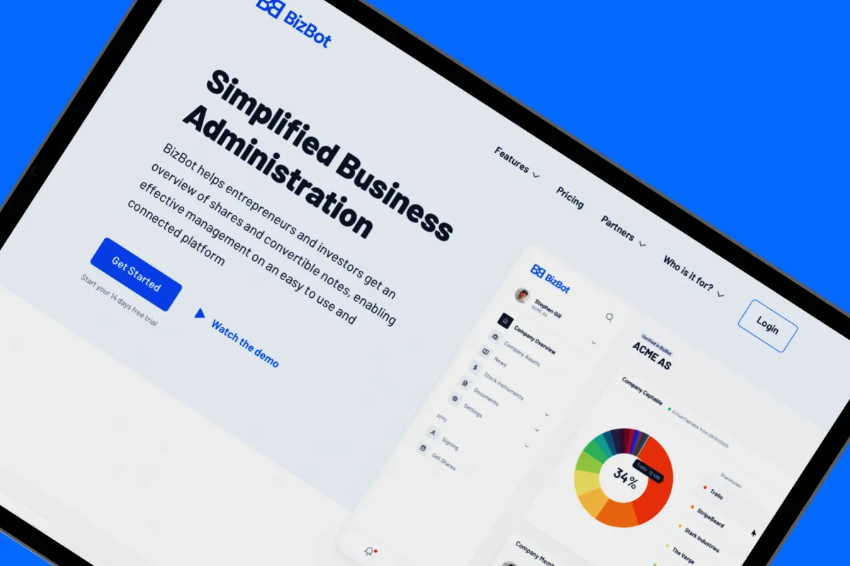 BizBot business administration platform – landing page and dashboard on tablet