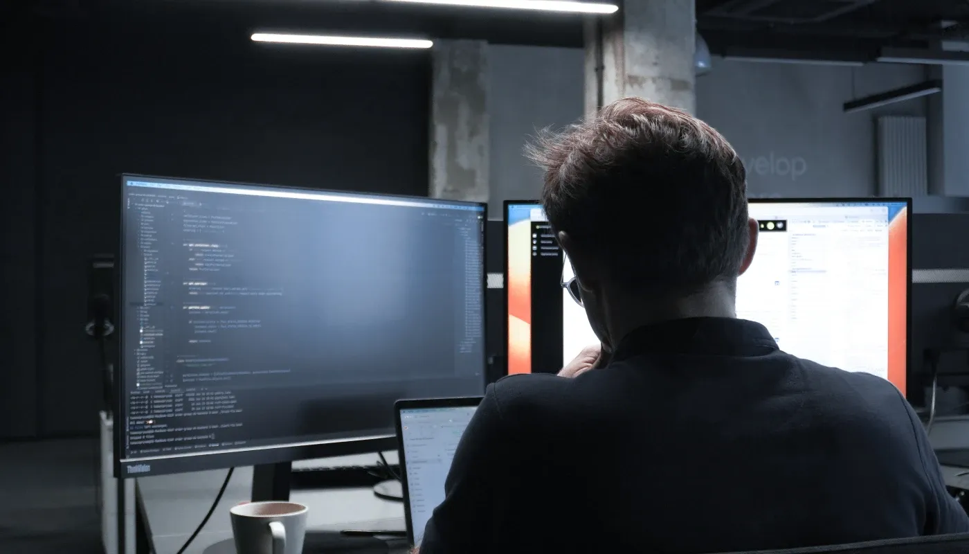 Developer working at an ultrawide monitor with code editor in a dark office