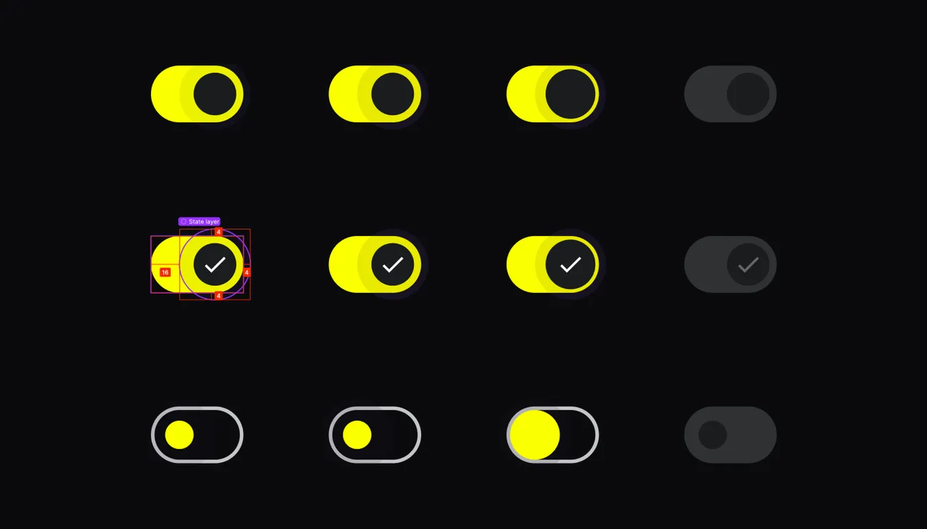 Design system documentation – toggle switch component states in Figma