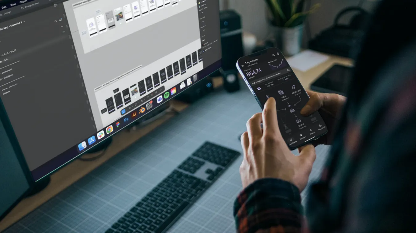 Designer working on mobile app UI in Figma with energy management app on smartphone