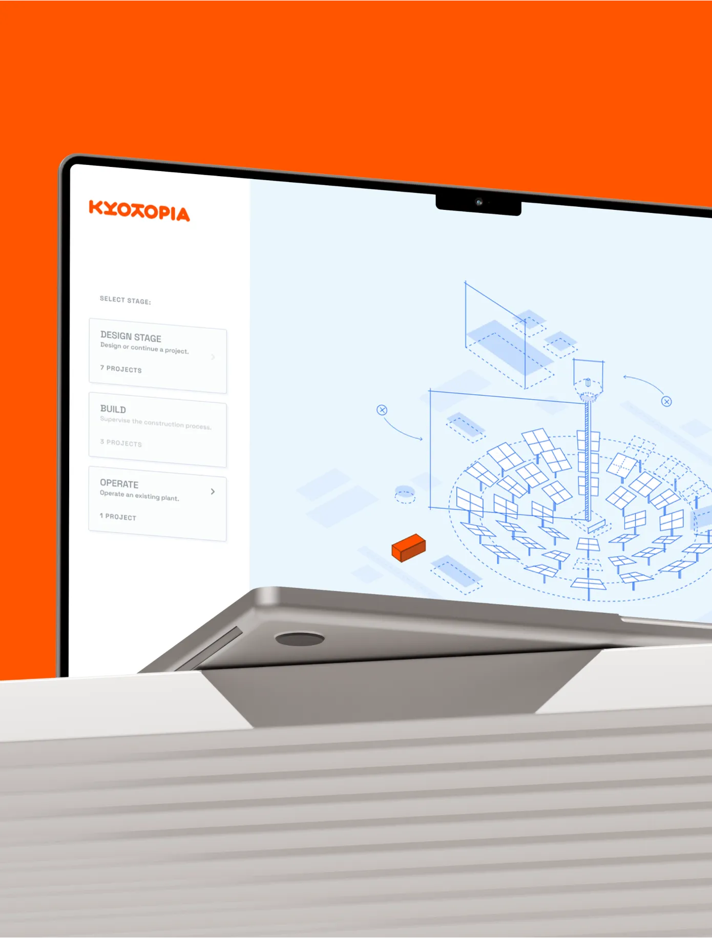 Kyoto Group platform 3D plant view on a laptop with an orange background