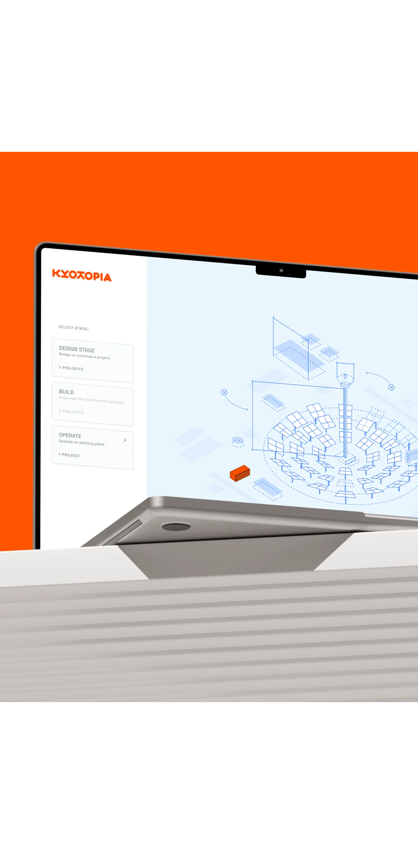 Kyoto Group platform 3D plant view on a laptop with an orange background