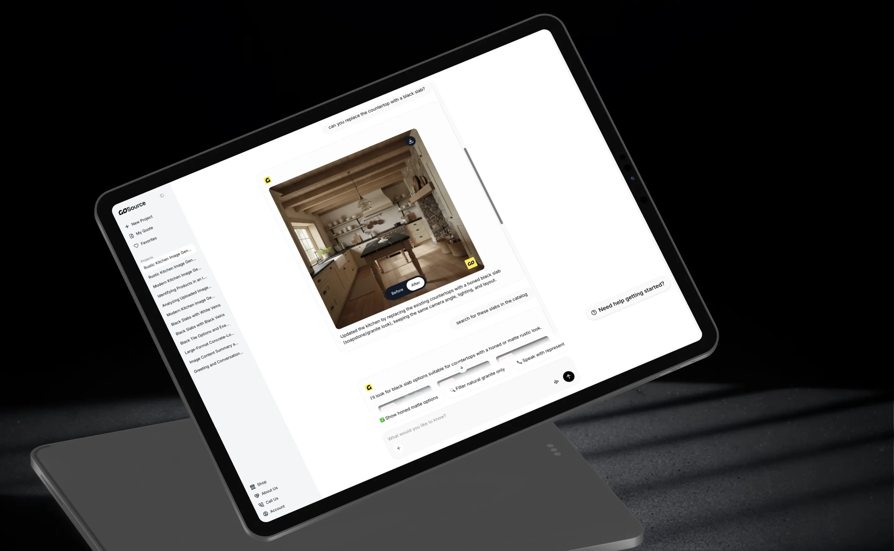AI chat interface with interior design image results on iPad