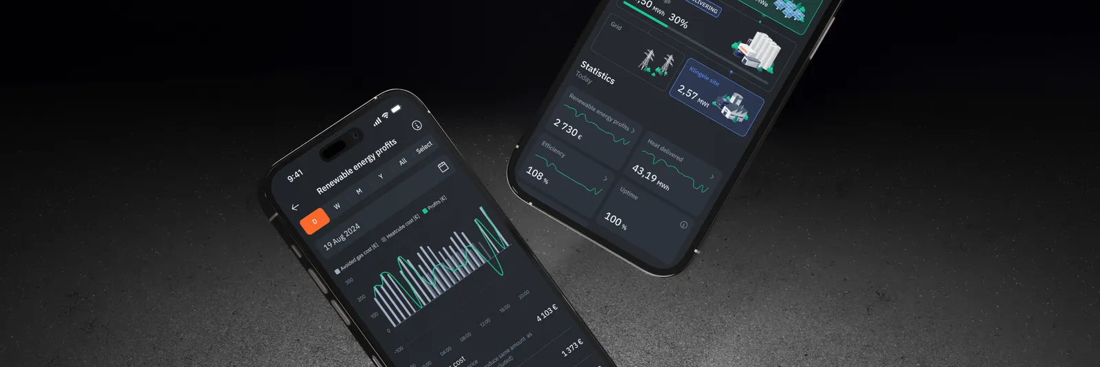Renewable energy management app – profit and statistics dashboards on two iPhones