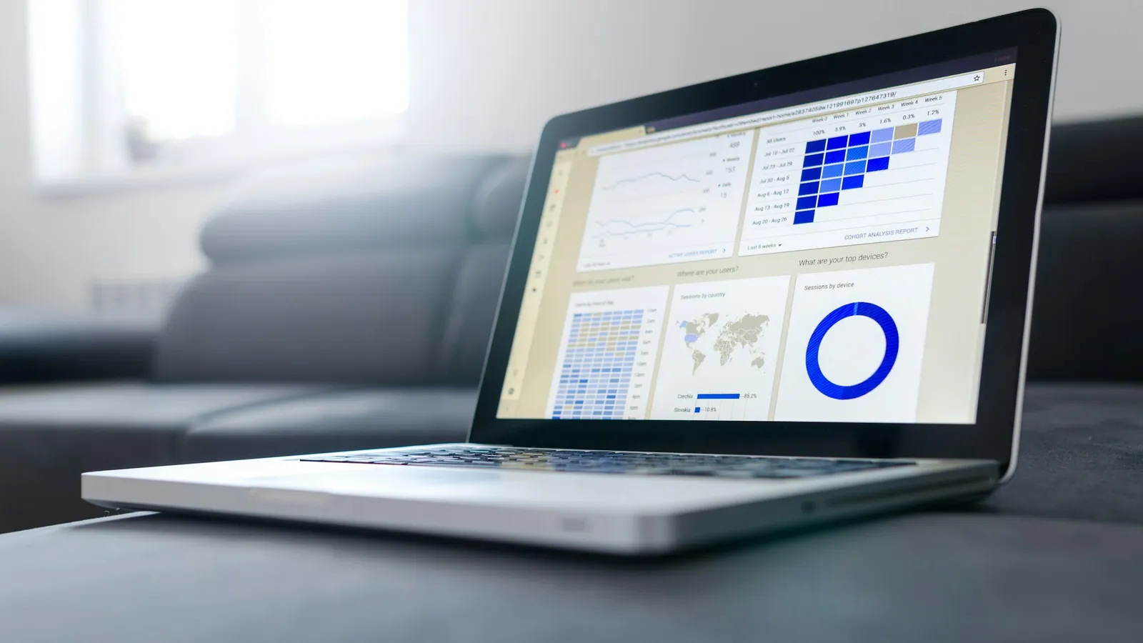 Laptop showing an analytics report with charts (Unsplash free license)