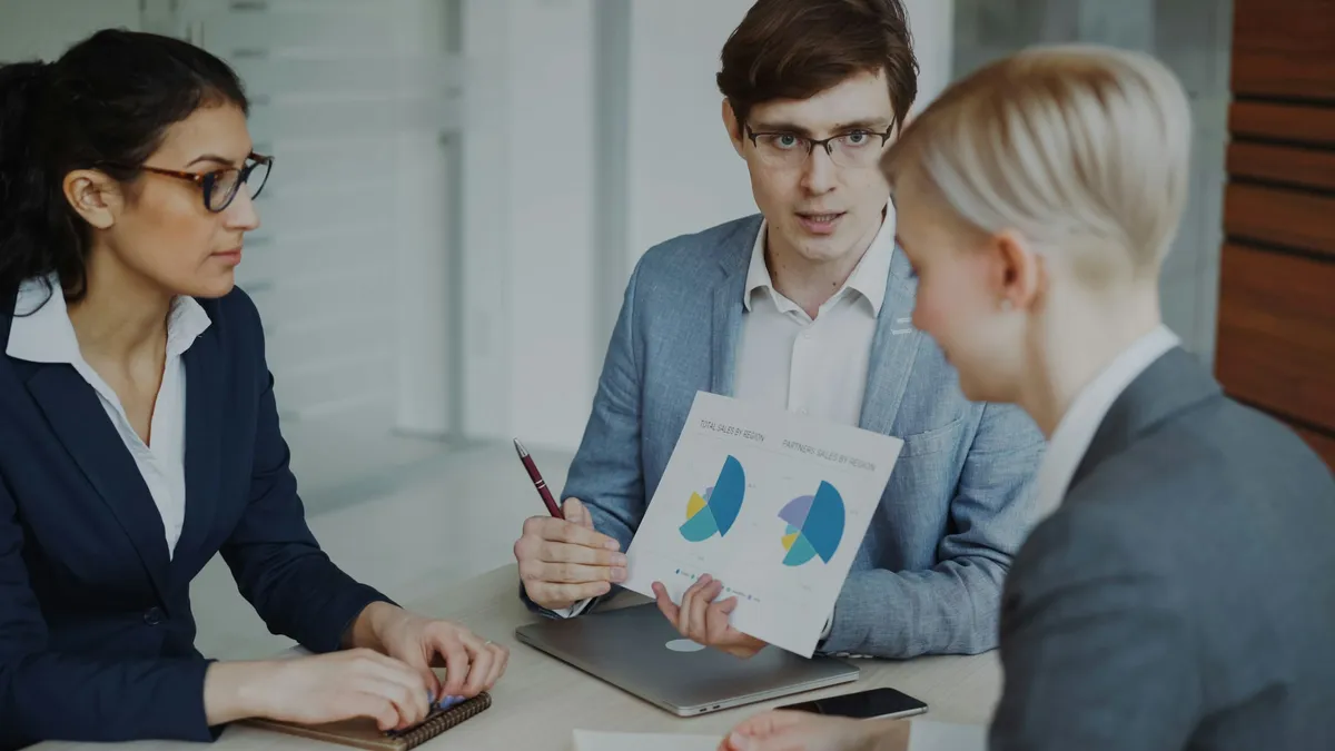 Three finance professionals reviewing a report with pie charts at a meeting table