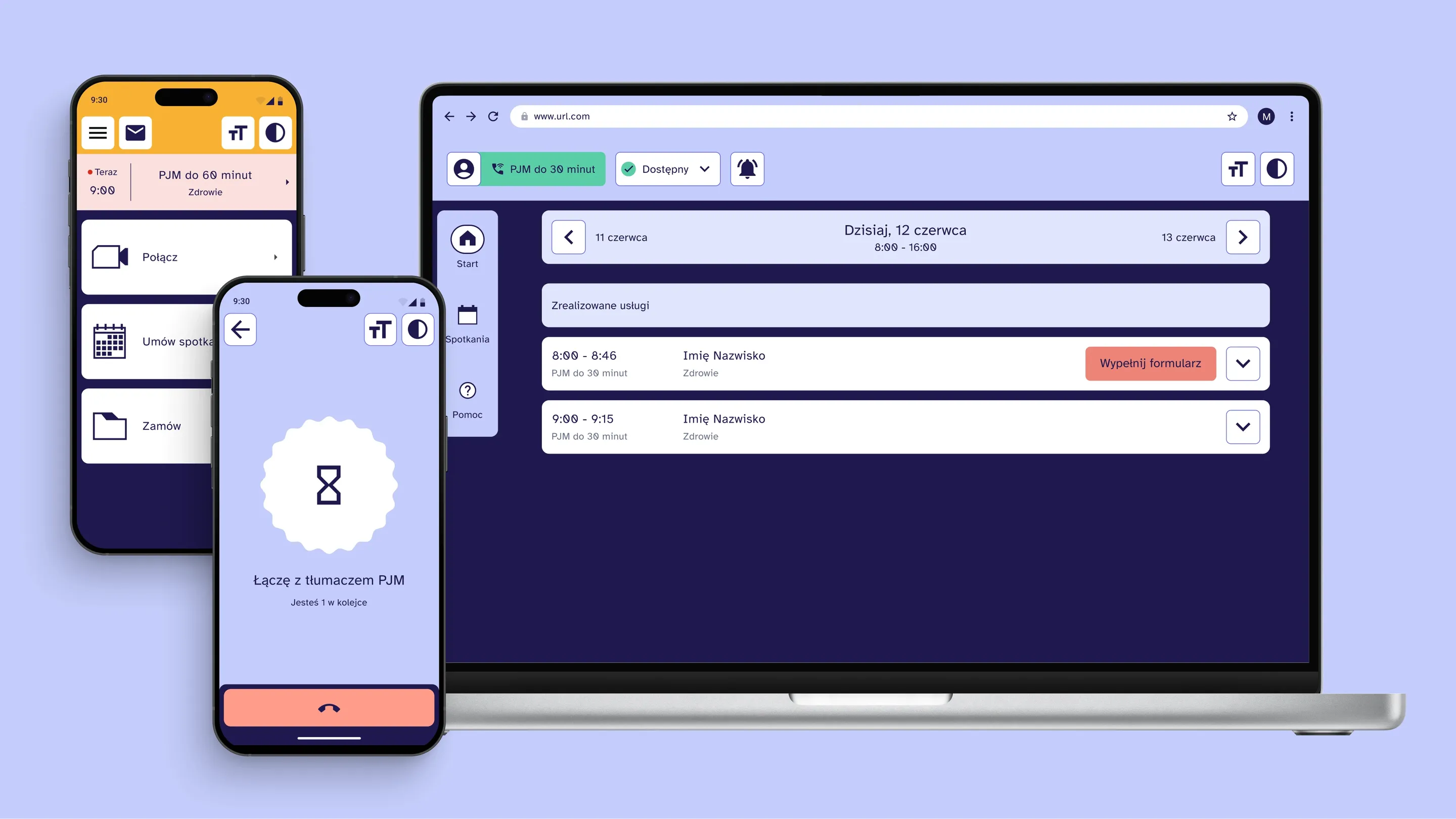 The app on two phones and a laptop: the user's home screen, a queue for a sign language interpreter call, and the interpreter's daily schedule.
