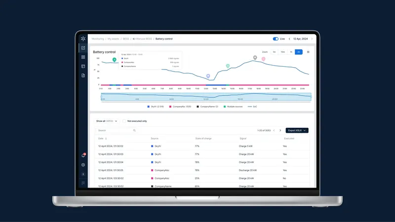 Skyfri battery control dashboard with charge signals and an execution log