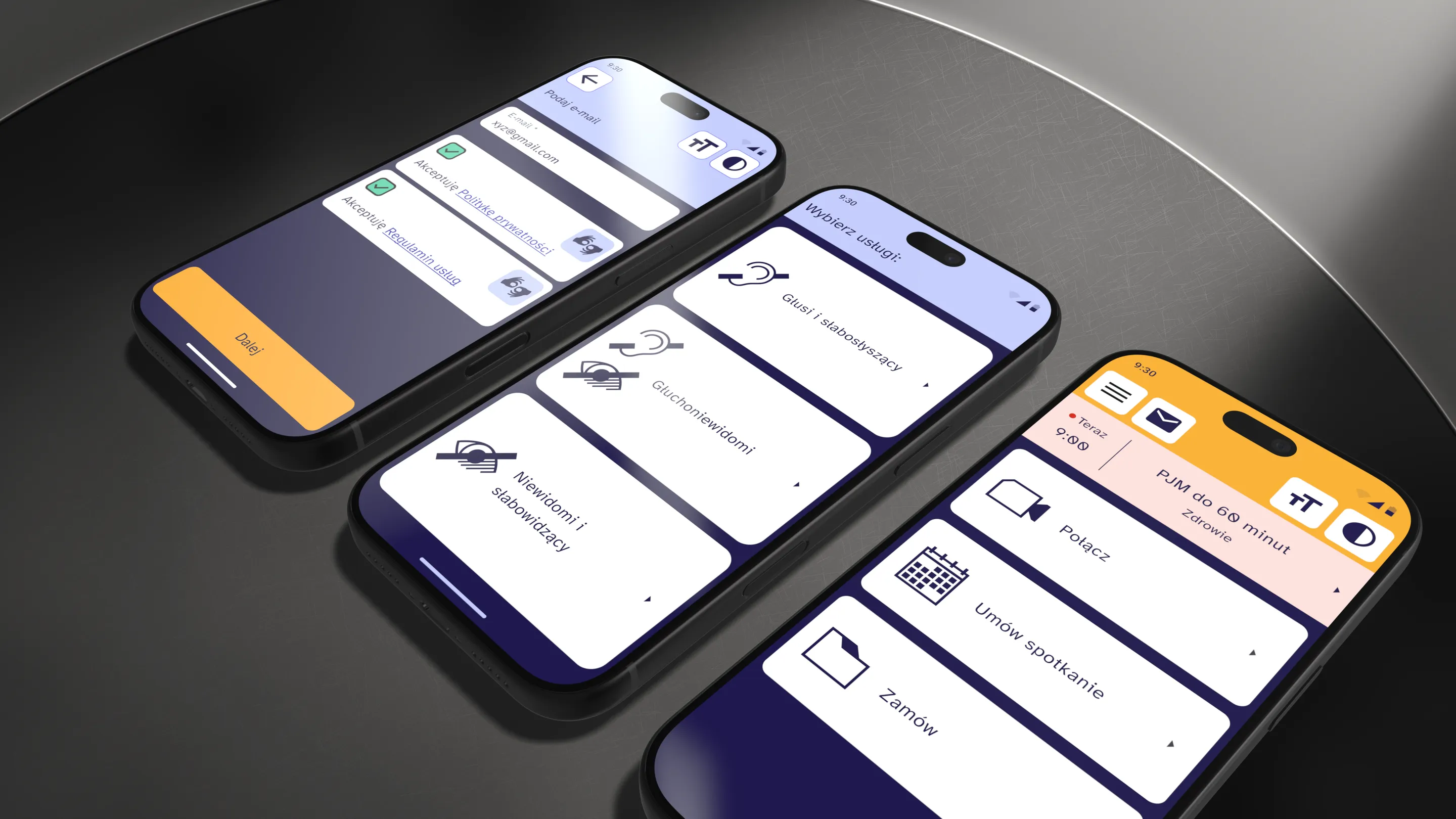 Three phones showing the app: email and consent form, choice of service for deaf, deafblind or blind users, and the home screen with Connect, Book a meeting and Order.