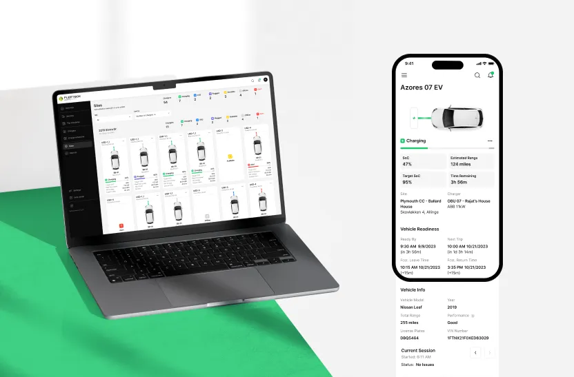 EV fleet management dashboard on laptop with vehicle charging status on iPhone