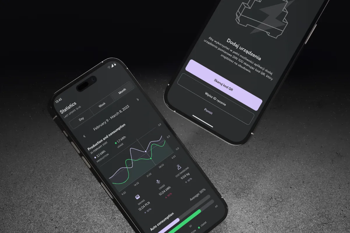 Energy monitoring app – daily summary and analytics screens on two iPhones