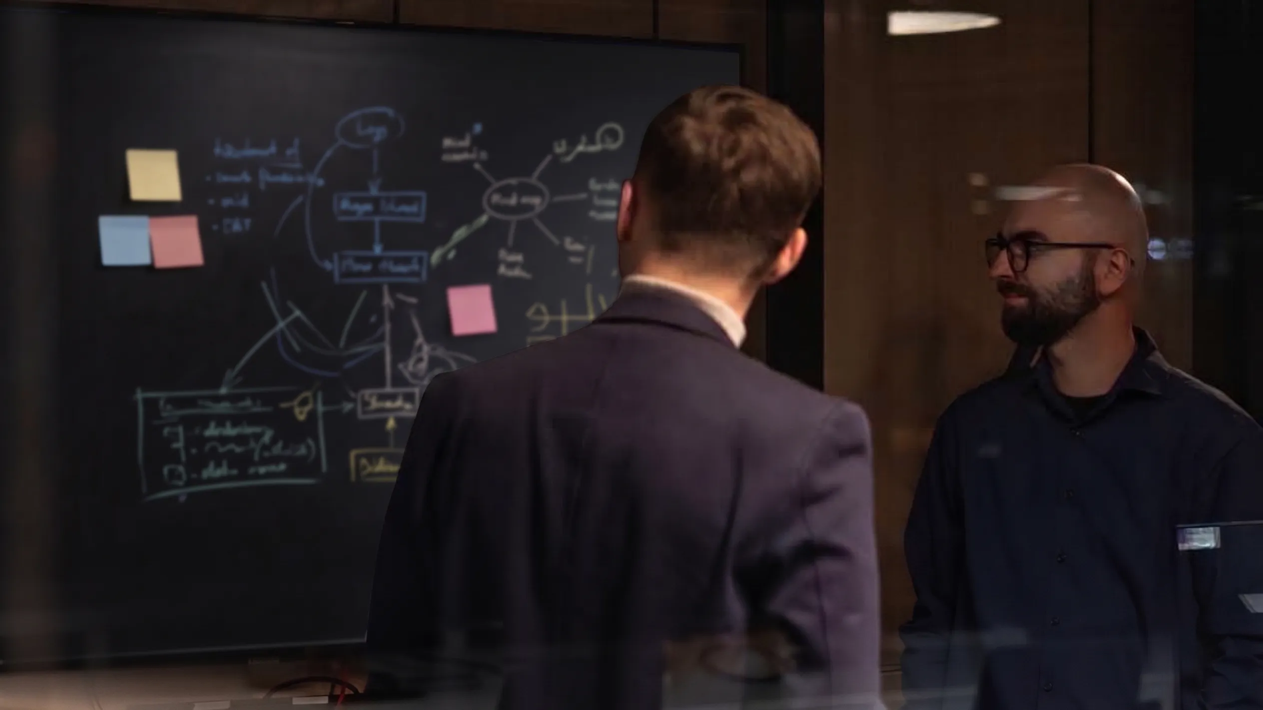 Two people in the foreground, black dry-erase board with colorful sticky notes visible in the background.