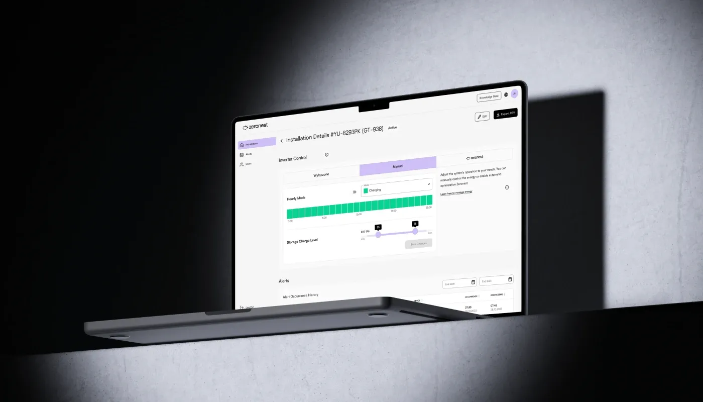 Zeronest inverter control dashboard – manual charging mode and storage charge level settings on laptop