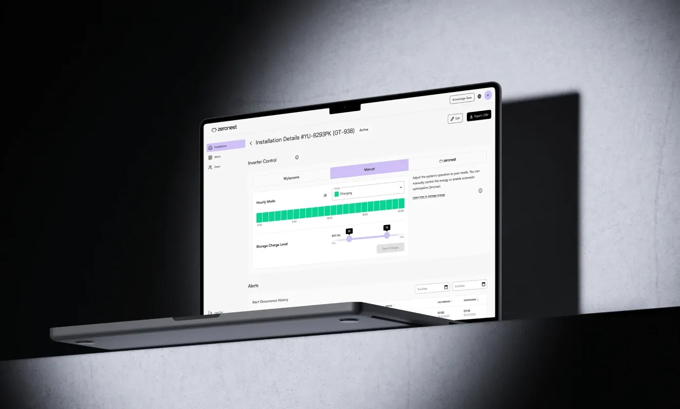Zeronest inverter control dashboard – manual charging mode and storage charge level settings on laptop