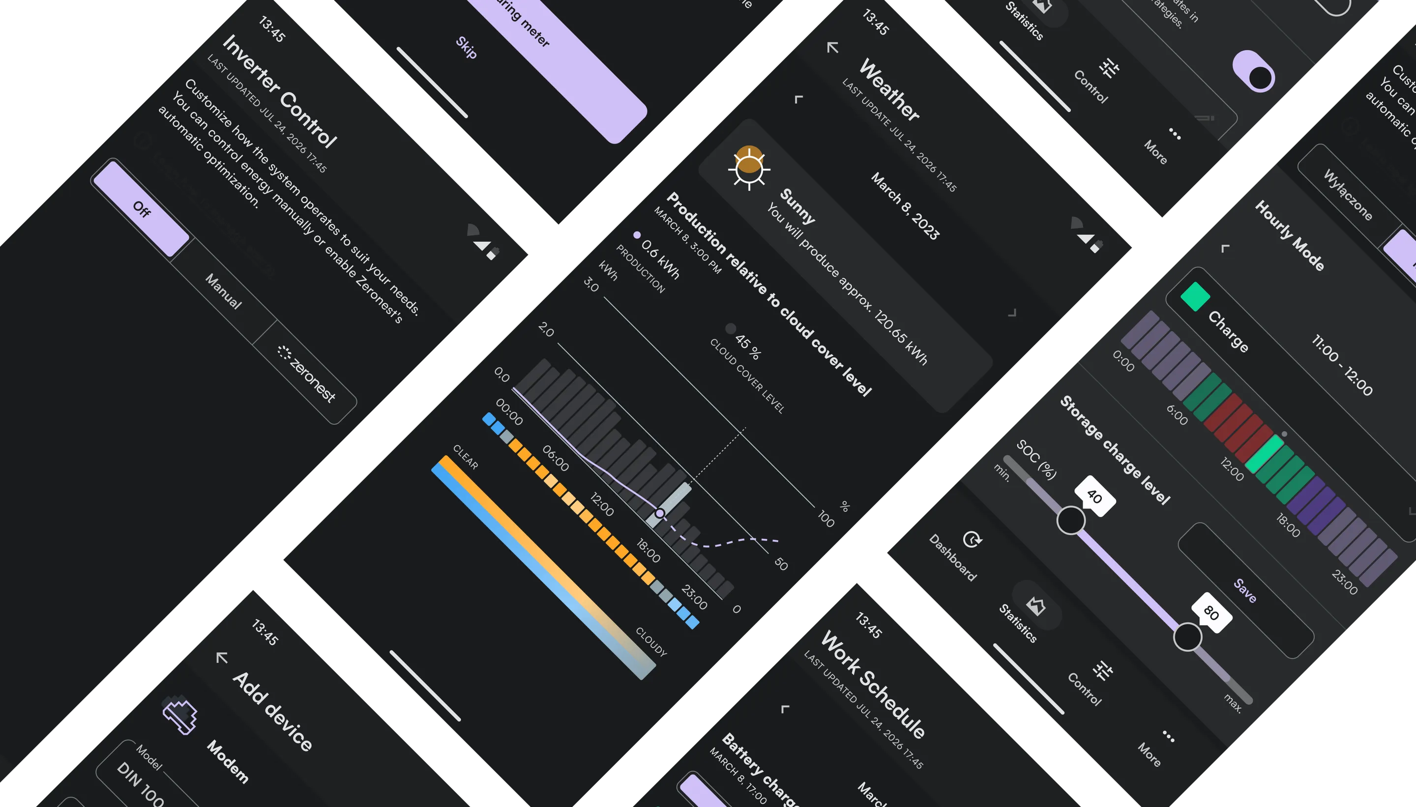 Zeronest mobile app screens: weather, work schedule and statistics